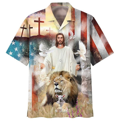 Jesus Lion And The Lamb Cross Christian American Flag Hawaiian Shirt For Men, Christian Hawaiian Shirt, Gift For Christian