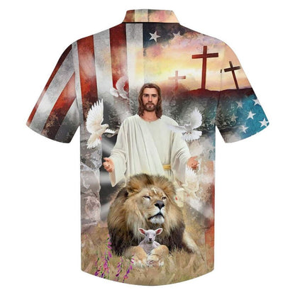 Jesus Lion And The Lamb Cross Christian American Flag Hawaiian Shirt For Men, Christian Hawaiian Shirt, Gift For Christian