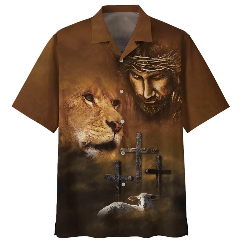 Jesus Lion And The Lamb Three Cross Hawaiian Shirt For Men, Christian Hawaiian Shirt, Gift For Christian