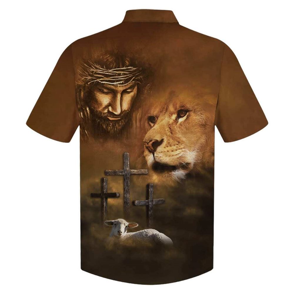 Jesus Lion And The Lamb Three Cross Hawaiian Shirt For Men, Christian Hawaiian Shirt, Gift For Christian
