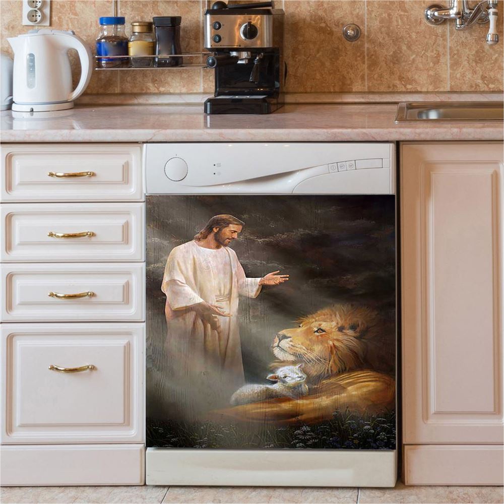 Jesus Lion And The Lambs Dishwasher Cover, Bible Verse Dishwasher Stickers, Inspirational Kitchen Decor