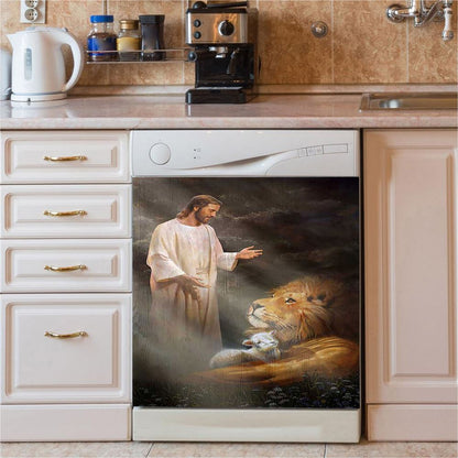 Jesus Lion And The Lambs Dishwasher Cover, Bible Verse Dishwasher Stickers, Inspirational Kitchen Decor