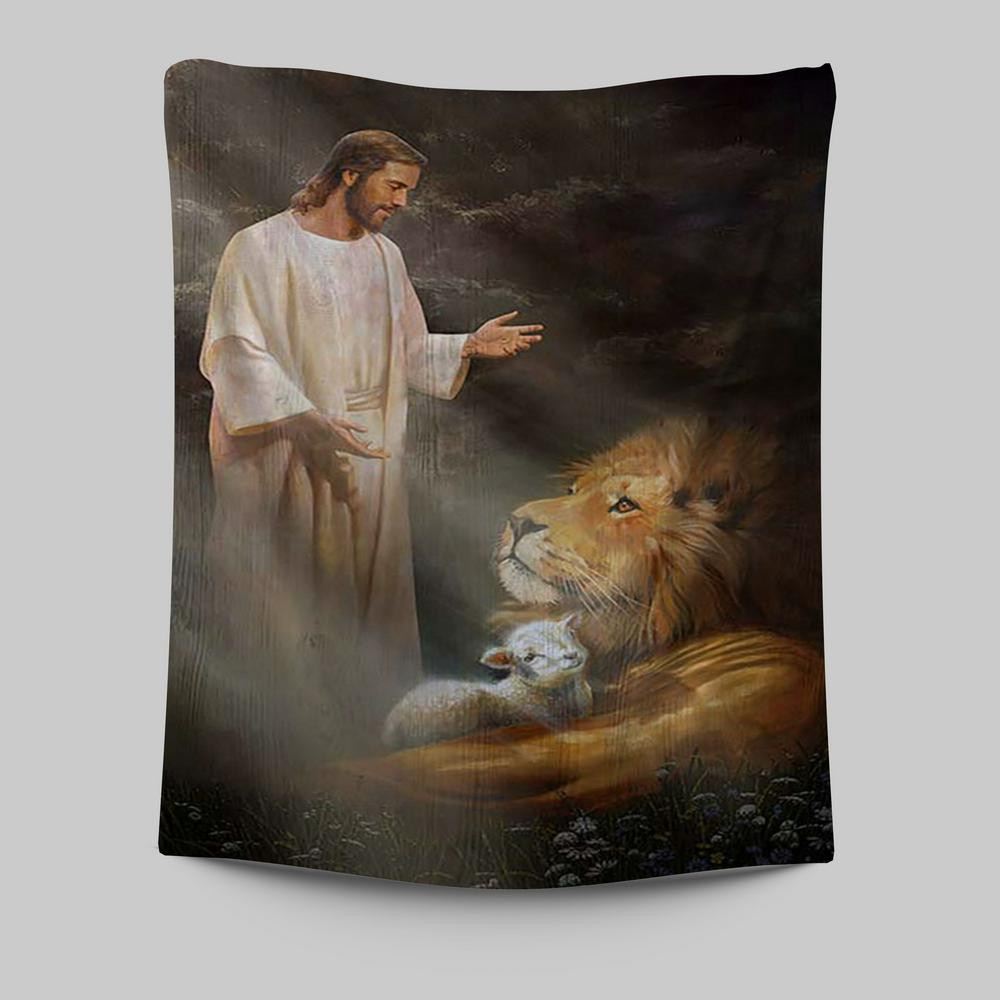 Jesus Lion And The Lambs Tapestry Wall Art - Bible Verse Tapestry Art - Inspirational Art -  Christian Indoor Wall Tapestries
