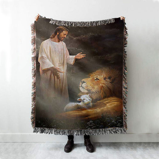 Jesus Lion And The Lambs Woven Throw Blanket - Bible Verse Woven Blanket Art - Inspirational Art - Christian Home Decor