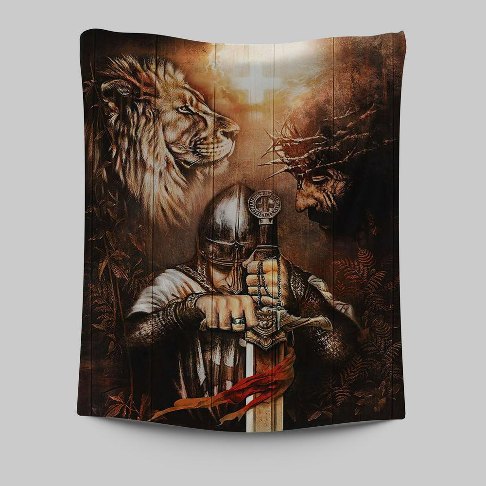 Jesus Lion And Warrior Tapestry Art - Christian Art - Bible Verse Wall Art - Religious Home Decor
