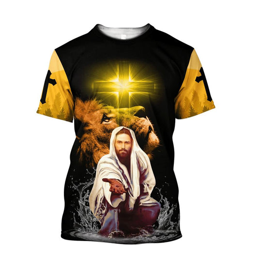 Jesus Lion Black And Yeallow Color Jesus Unisex All Over Print 3D T Shirt For Men And Women, Christian T-Shirt, Faith Shirt