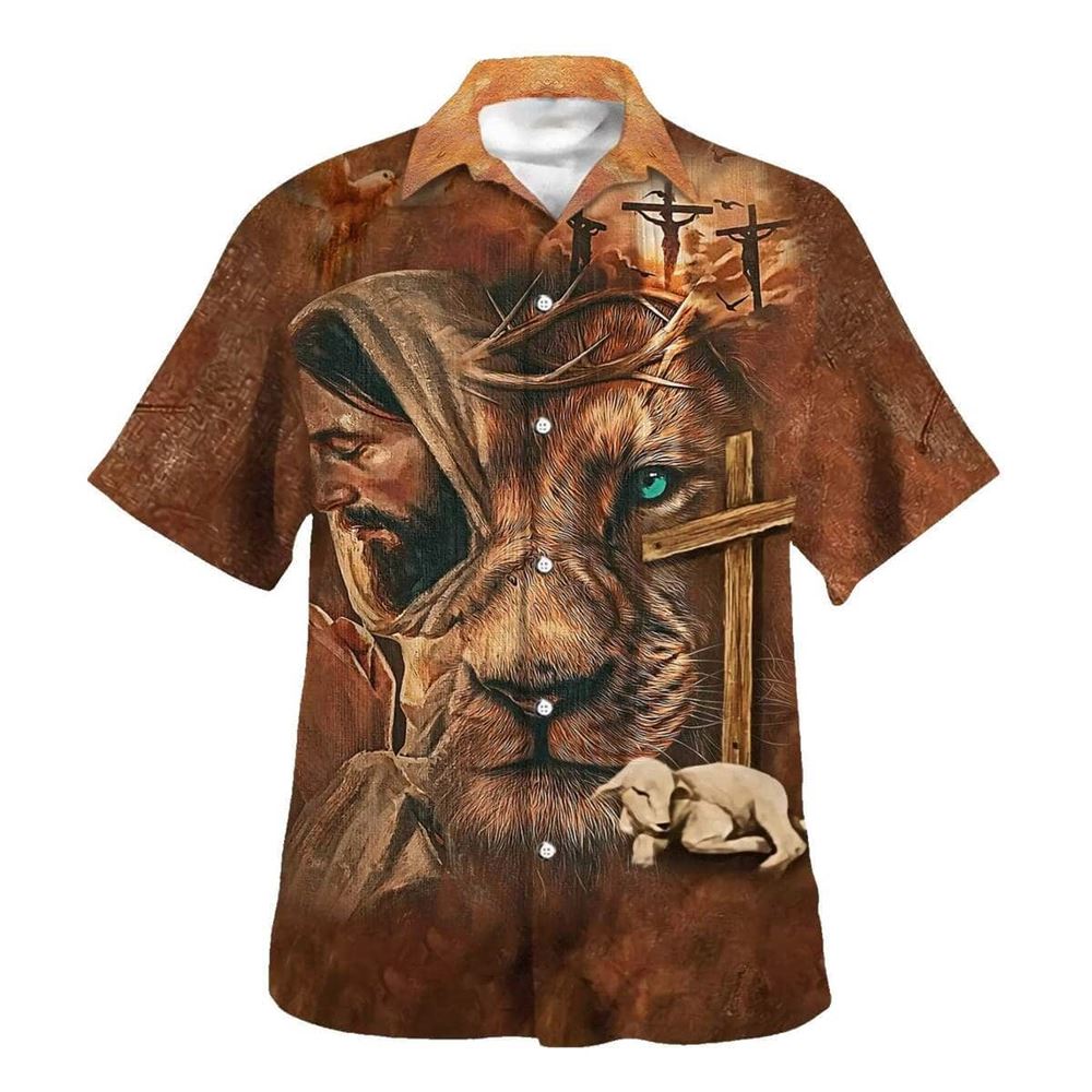 Jesus Lion Cross And The Lamb Christian Hawaiian Shirt For Men, Christian Hawaiian Shirt, Gift For Christian