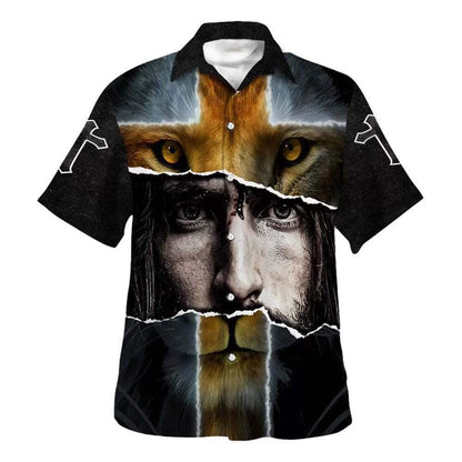 Jesus Lion Cross Christian Faith For Friend Hawaiian Shirt For Men, Christian Hawaiian Shirt, Gift For Christian