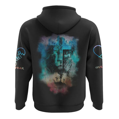 Jesus Lion Cross Colorful Watercolor All Over Print 3D Hoodie, Christian Hoodie, Christian Sweatshirt, Bible Verse Shirt