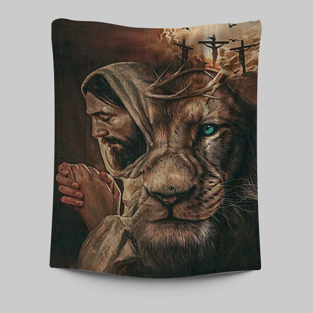 Jesus Lion Cross Eyes Half Jesus Half Lion Tapestry Wall Art - Jesus Tapestry Pictures - Christian Tapestries Wall Art