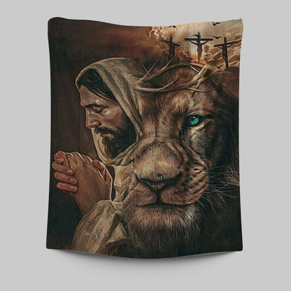 Jesus Lion Cross Eyes Half Jesus Half Lion Tapestry Wall Art - Jesus Tapestry Pictures - Christian Tapestries Wall Art