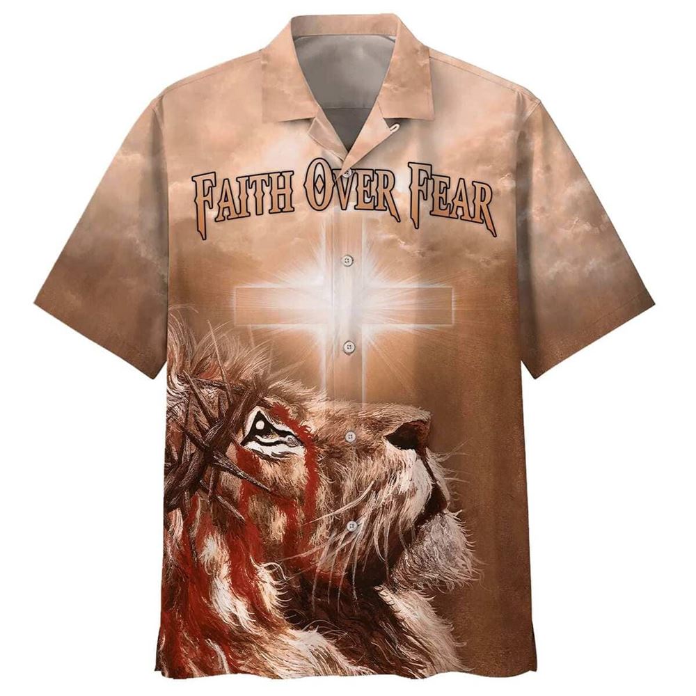 Jesus Lion Cross Flag Faith Over Fear Christian Faith Hawaiian Shirt For Men, Christian Hawaiian Shirt, Gift For Christian