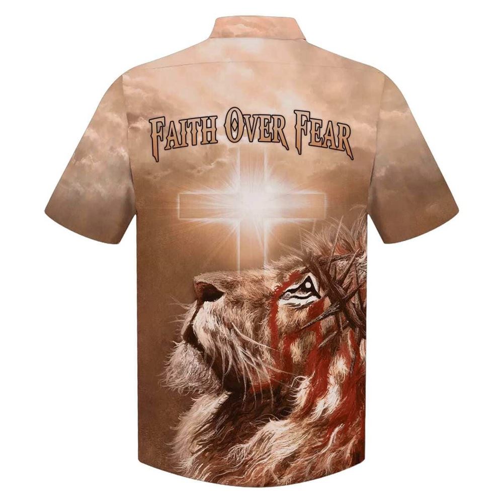 Jesus Lion Cross Flag Faith Over Fear Christian Faith Hawaiian Shirt For Men, Christian Hawaiian Shirt, Gift For Christian