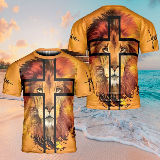 Jesus Lion Cross Portrait All Over Print 3D T Shirt For Men And Women, Christian T-Shirt, Faith Shirt