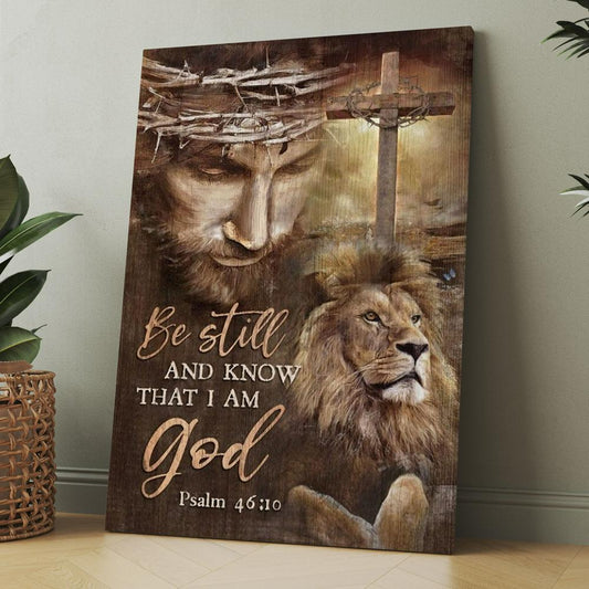Jesus, Lion Drawing, Cross, Be Still And Know That I Am God Canvas, Christmas Gift for Christian