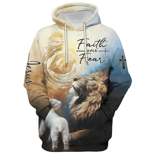 Jesus Lion Faith Over Fear Christ Hoodies, Christ God Hand Hoodie For Men & Women, God 3D Printed Hoodie, Christian Apparel Hoodies