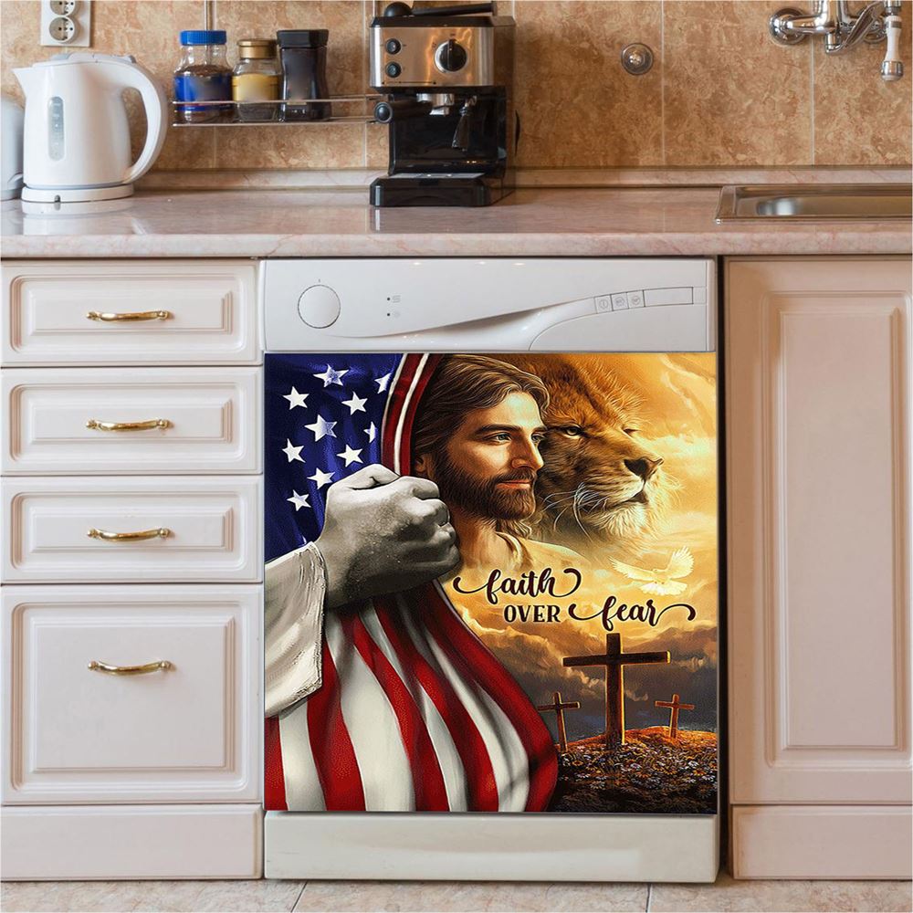 Jesus Lion Faith Over Fear Dishwasher Cover, Christian Dishwasher Stickers, Bible Verse Kitchen Decor