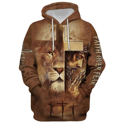 Jesus Lion Faith Over Fear Hoodie For Men & Women, God 3D Printed Hoodie, Christian Apparel Hoodies