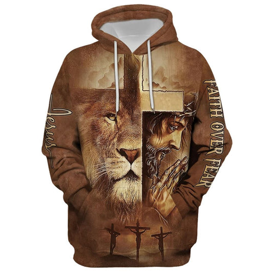 Jesus Lion Faith Over Fear Hoodie For Men & Women, God 3D Printed Hoodie, Christian Apparel Hoodies