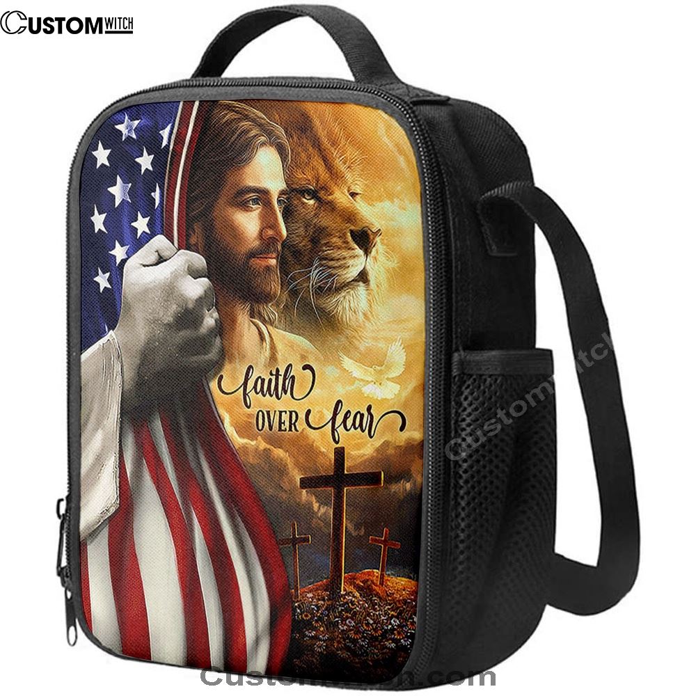 Jesus Lion Faith Over Fear Lunch Bag, Christian Lunch Box For School, Picnic