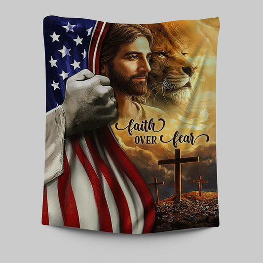 Jesus Lion Faith Over Fear Tapestry Wall Art - Christian Tapestries Prints - Bible Verse Tapestry Art