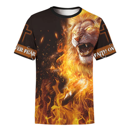 Jesus Lion Fire Faith Over Fear All Over Print 3D T Shirt For Men And Women, Christian T-Shirt, Faith Shirt