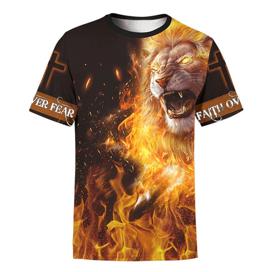 Jesus Lion Fire Faith Over Fear All Over Print 3D T Shirt For Men And Women, Christian T-Shirt, Faith Shirt