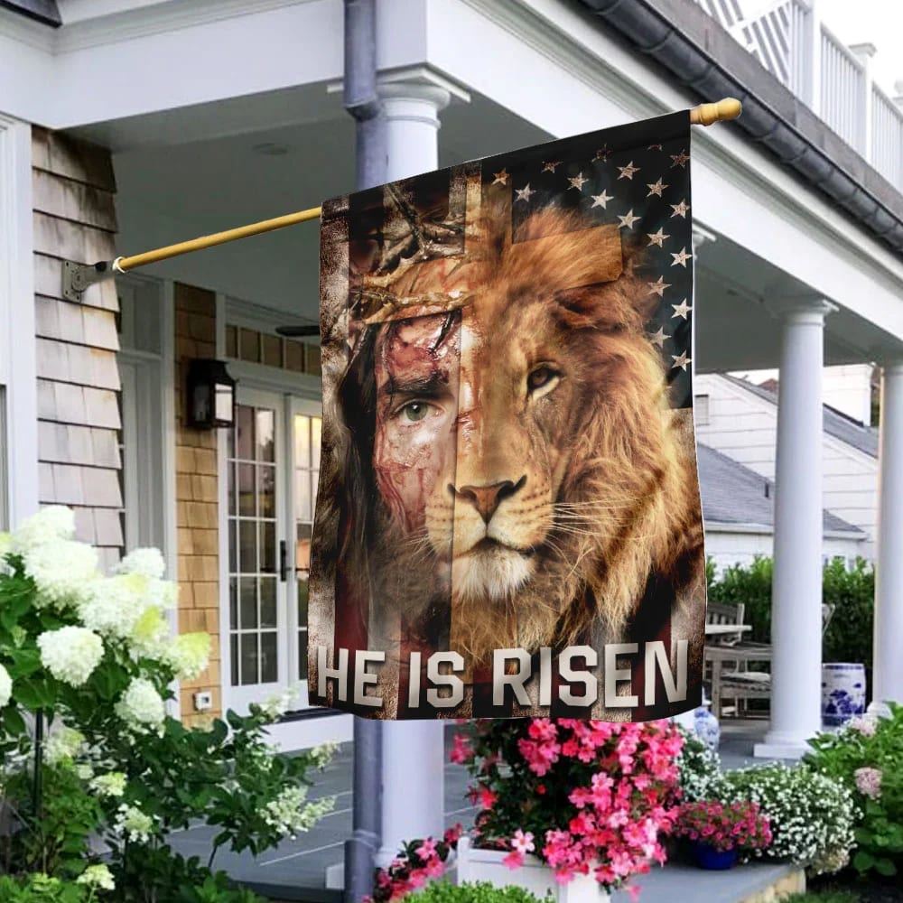 Jesus Lion He Is Risen Lion American US House Flag, Christian Flag, Christian Flag, Scripture Flag, Garden Banner