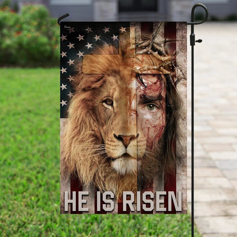 Jesus Lion He Is Risen Lion American US House Flag, Christian Flag, Christian Flag, Scripture Flag, Garden Banner