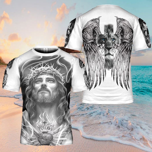 Jesus Lion Heart Wings Jesus All Over Print 3D T Shirt For Men And Women, Christian T-Shirt, Faith Shirt