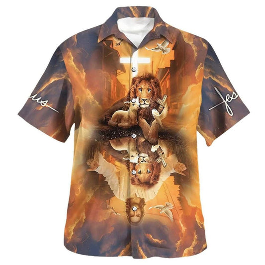 Jesus Lion King And Lamb Cross Christian Hawaiian Shirt For Men, Christian Hawaiian Shirt, Gift For Christian