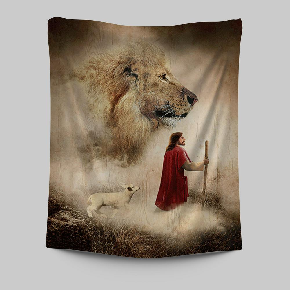 Jesus Lion King And Lamb Wall Art Tapestry - Jesus Portrait Tapestry Prints - Christian Wall Art