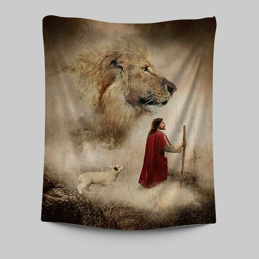 Jesus Lion King And Lamb Wall Art Tapestry - Jesus Portrait Tapestry Prints - Christian Wall Art