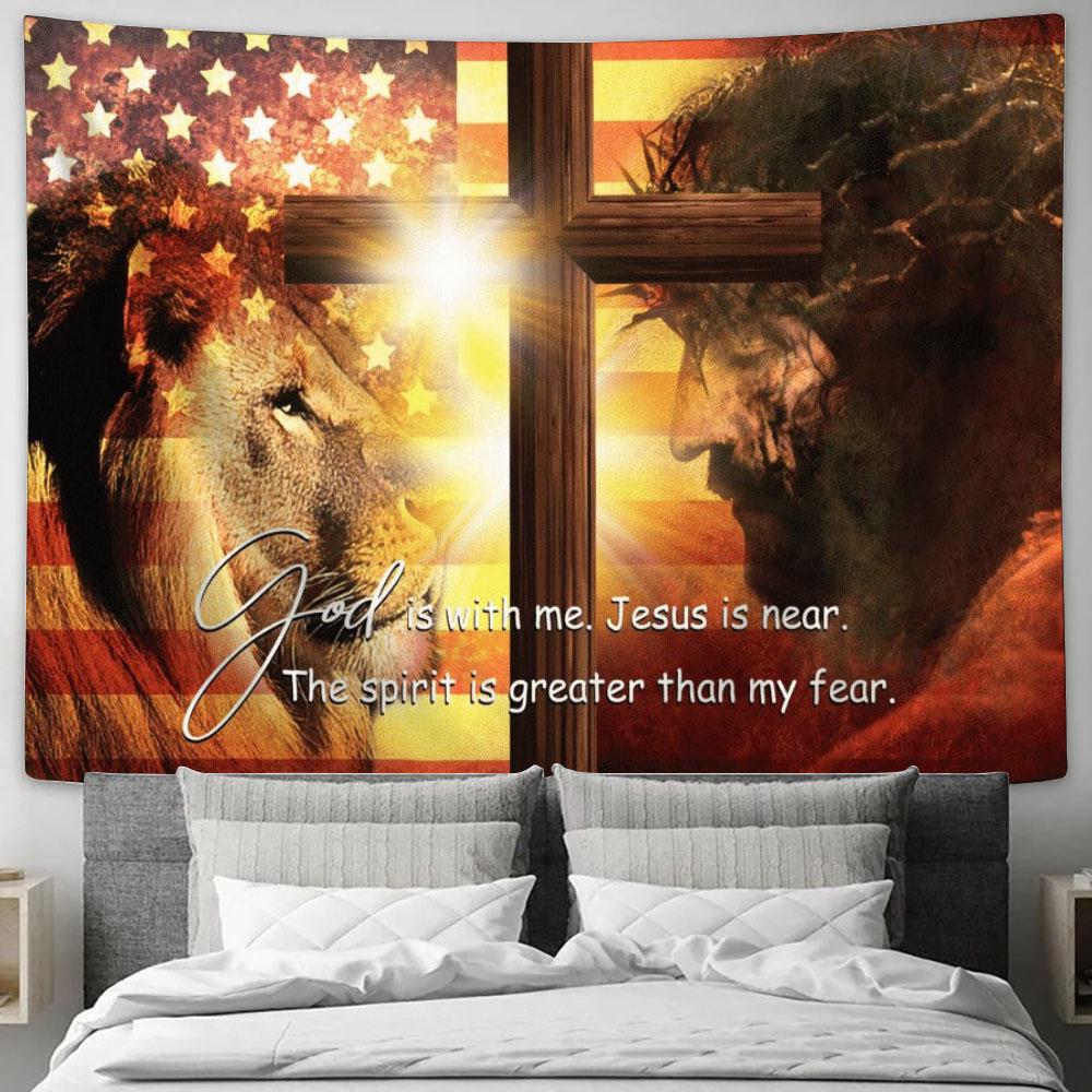 Jesus Lion King Cross God Is With Me Tapestry, Tapestries for Living Room Bedroom