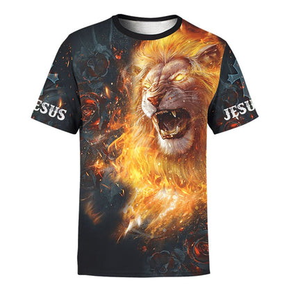 Jesus Lion King Of The Kings Burning Rose All Over Print 3D T Shirt For Men And Women, Christian T-Shirt, Faith Shirt