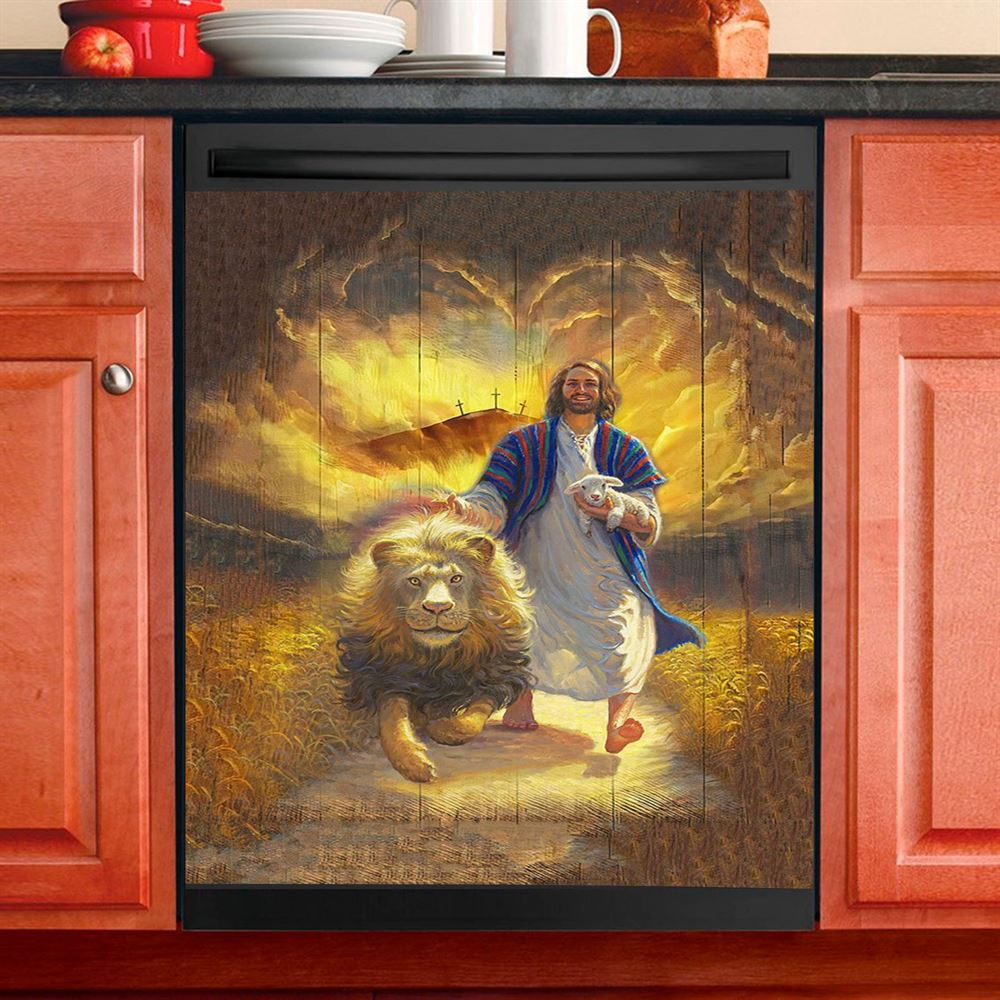Jesus Lion & Lamb Dishwasher Cover, Christian Dishwasher Stickers, Religious Kitchen Decor