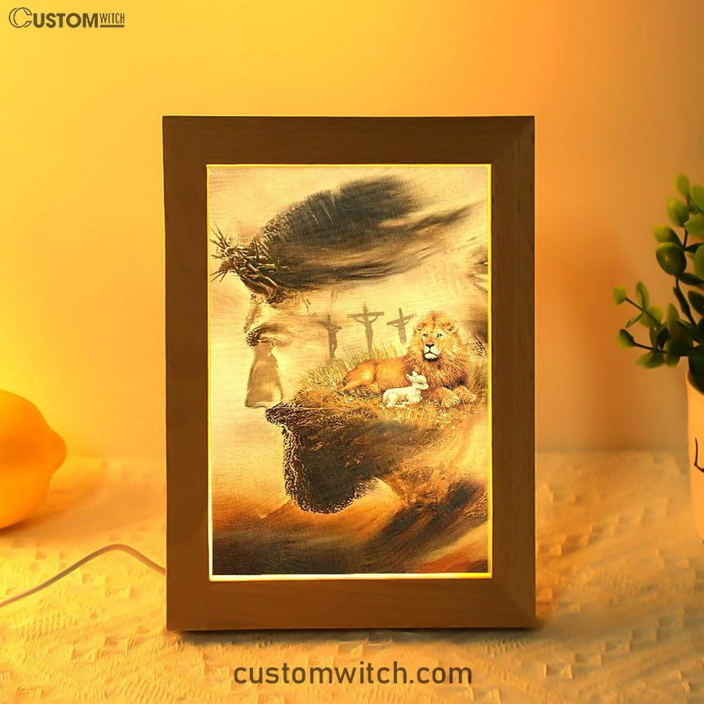 Jesus & Lion & Lamb Frame Lamp Art - Jesus Frame Lamp Pictures - Christian Night Light