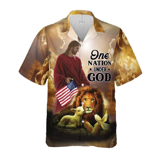 Jesus Lion Lamb One Nation Under God Religious Christian Independence Day Hawaiian Shirt, Christian Hawaiian Shirt, Religious Gift
