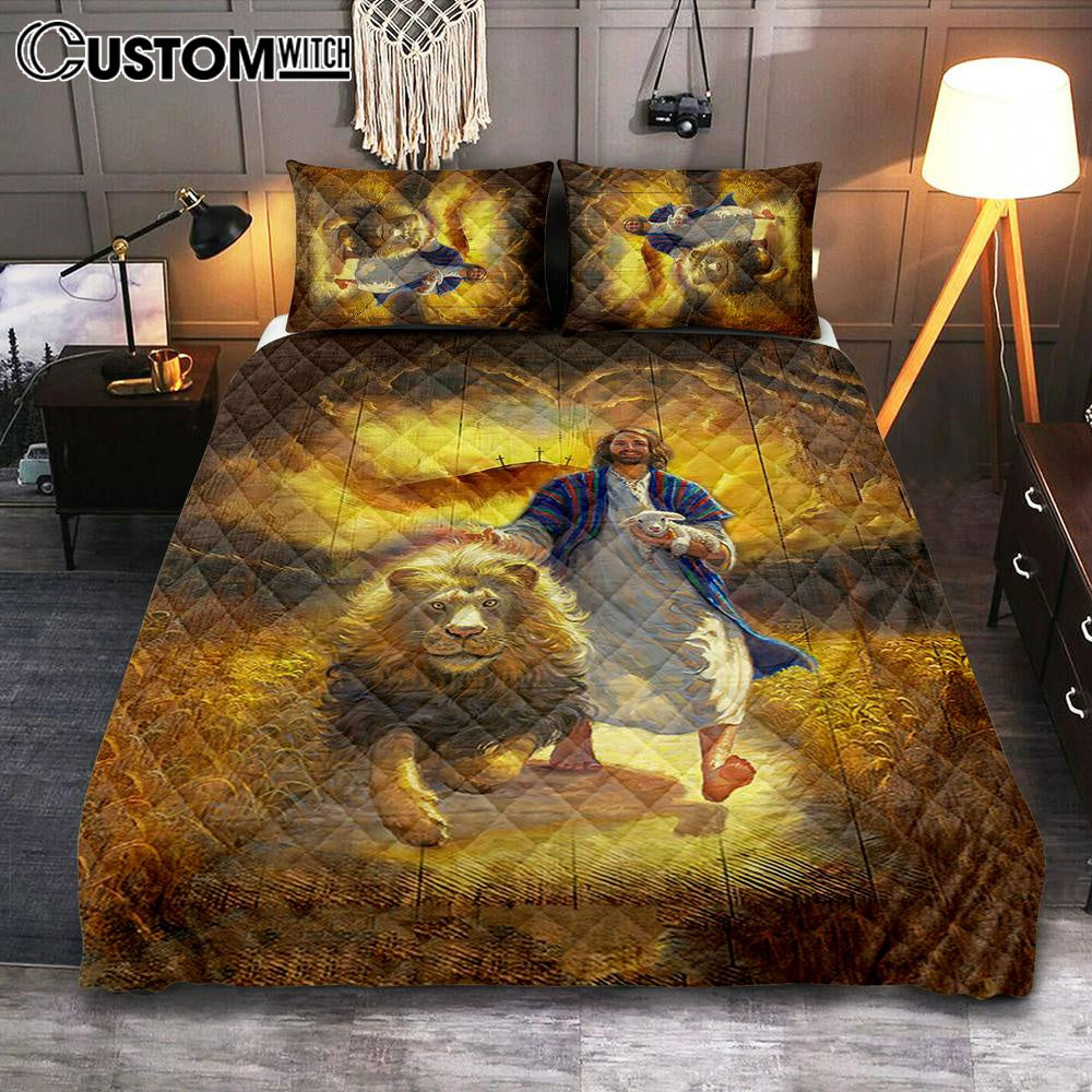 Jesus Lion & Lamb Quilt Bedding Set Bedroom - Christian Cover Twin Bedding Quilt Bedding Set - Religious Quilt Bedding Set Prints