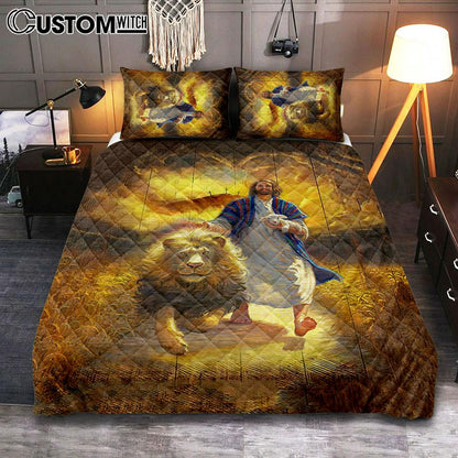 Jesus Lion & Lamb Quilt Bedding Set Bedroom - Christian Cover Twin Bedding Quilt Bedding Set - Religious Quilt Bedding Set Prints
