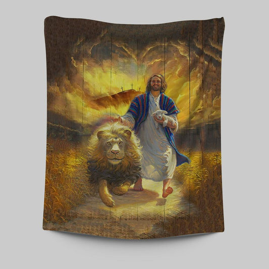 Jesus Lion & Lamb Tapestry Wall Art - Christian Wall Tapestry - Religious Tapestries Wall Hanging Prints