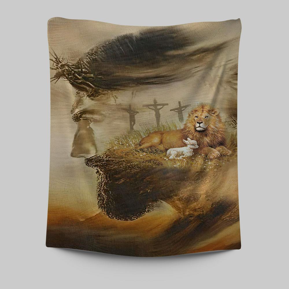 Jesus & Lion & Lamb Tapestry Wall Art - Jesus Tapestry Pictures - Christian Tapestries Wall Art