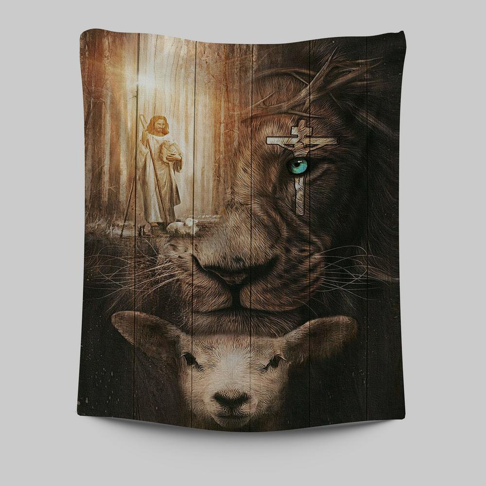 Jesus Lion & Lamb Tapestry Wall Art - Jesus Tapestry Pictures - Christian Tapestries Wall Art