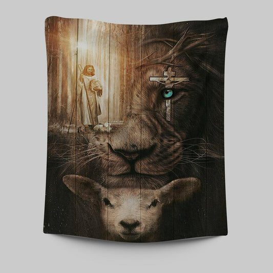 Jesus Lion & Lamb Tapestry Wall Art - Jesus Tapestry Pictures - Christian Tapestries Wall Art