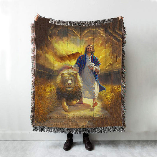 Jesus Lion & Lamb Woven Throw Blanket - Christian Wall Woven Blanket - Religious Woven Blanket Prints