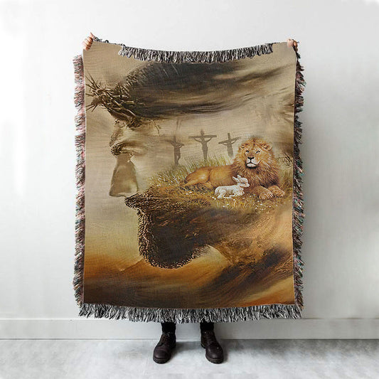 Jesus & Lion & Lamb Woven Throw Blanket - Jesus Woven Blanket Pictures - Christian Woven Throw Blanket