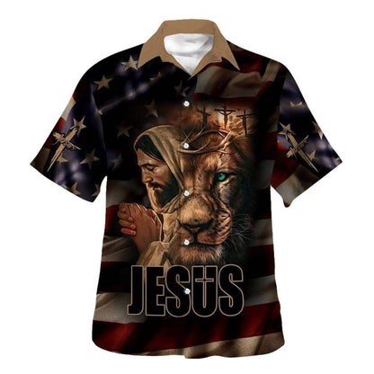 Jesus Lion Of Judah American Flag Christian Hawaiian Shirt For Men, Christian Hawaiian Shirt, Gift For Christian