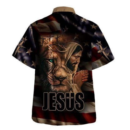 Jesus Lion Of Judah American Flag Christian Hawaiian Shirt For Men, Christian Hawaiian Shirt, Gift For Christian