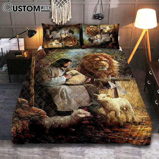 Jesus Lion Of Judah And The Lambs Quilt Bedding Set Bedroom - Bible Verse Quilt Bedding Set Art - Christian Home Decor