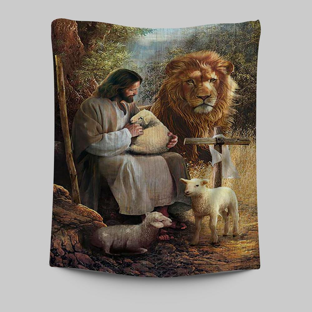 Jesus Lion Of Judah And The Lambs Tapestry Wall Art - Bible Verse Tapestry Art - Inspirational Art -  Christian Indoor Wall Tapestries